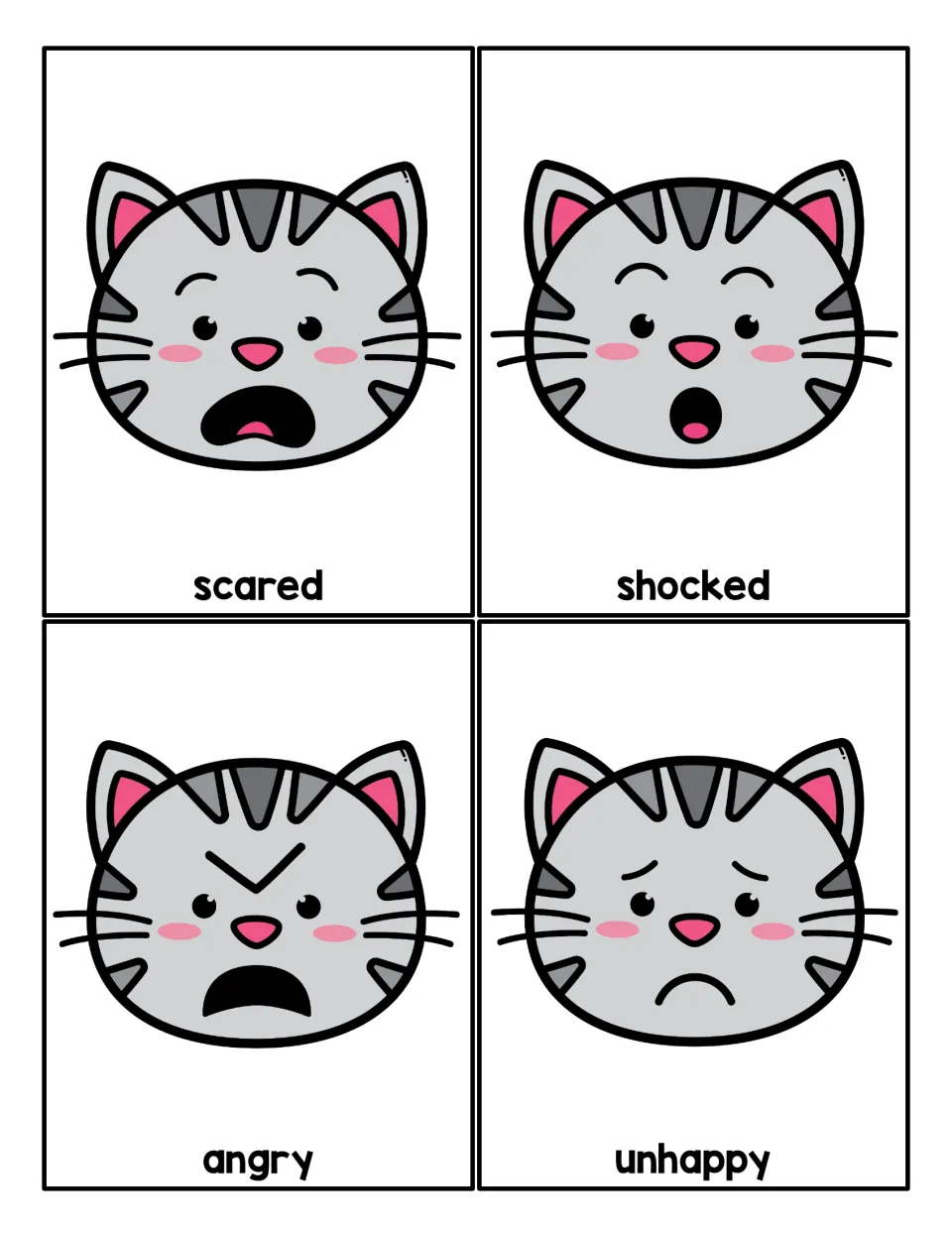 Emotion word cards: cat faces showing scared, shocked, angry and unhappy for naming and matching feelings