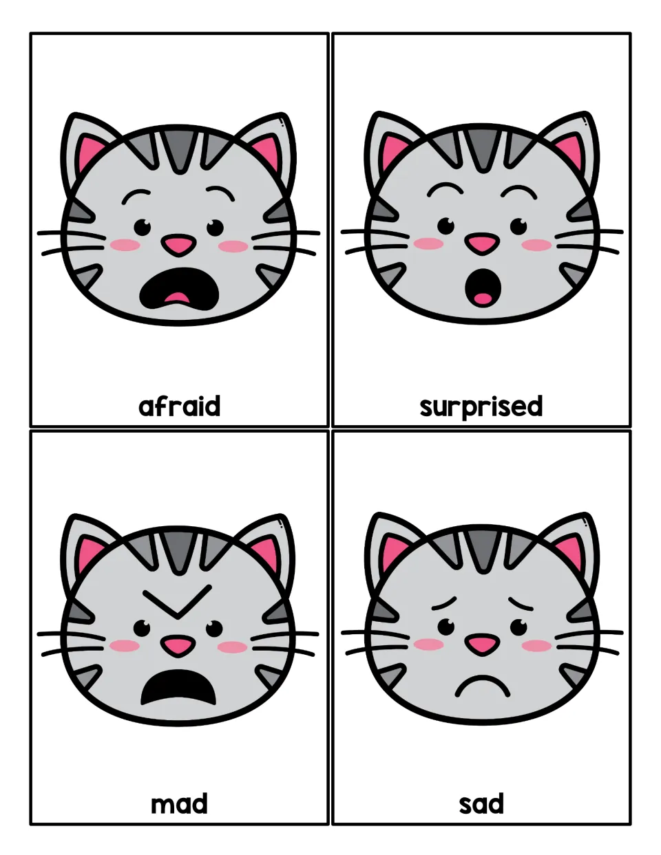 Feelings vocabulary cards: cat faces labeled afraid, surprised, mad and sad to recognize facial expressions
