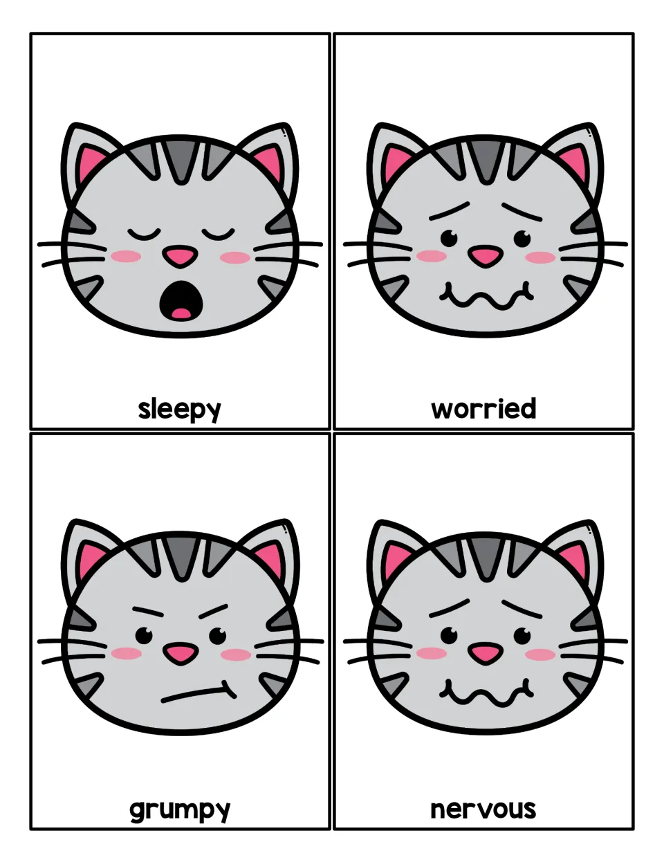 More emotion cards: cat faces showing sleepy, worried, grumpy and nervous, from closed eyes to a wavy mouth