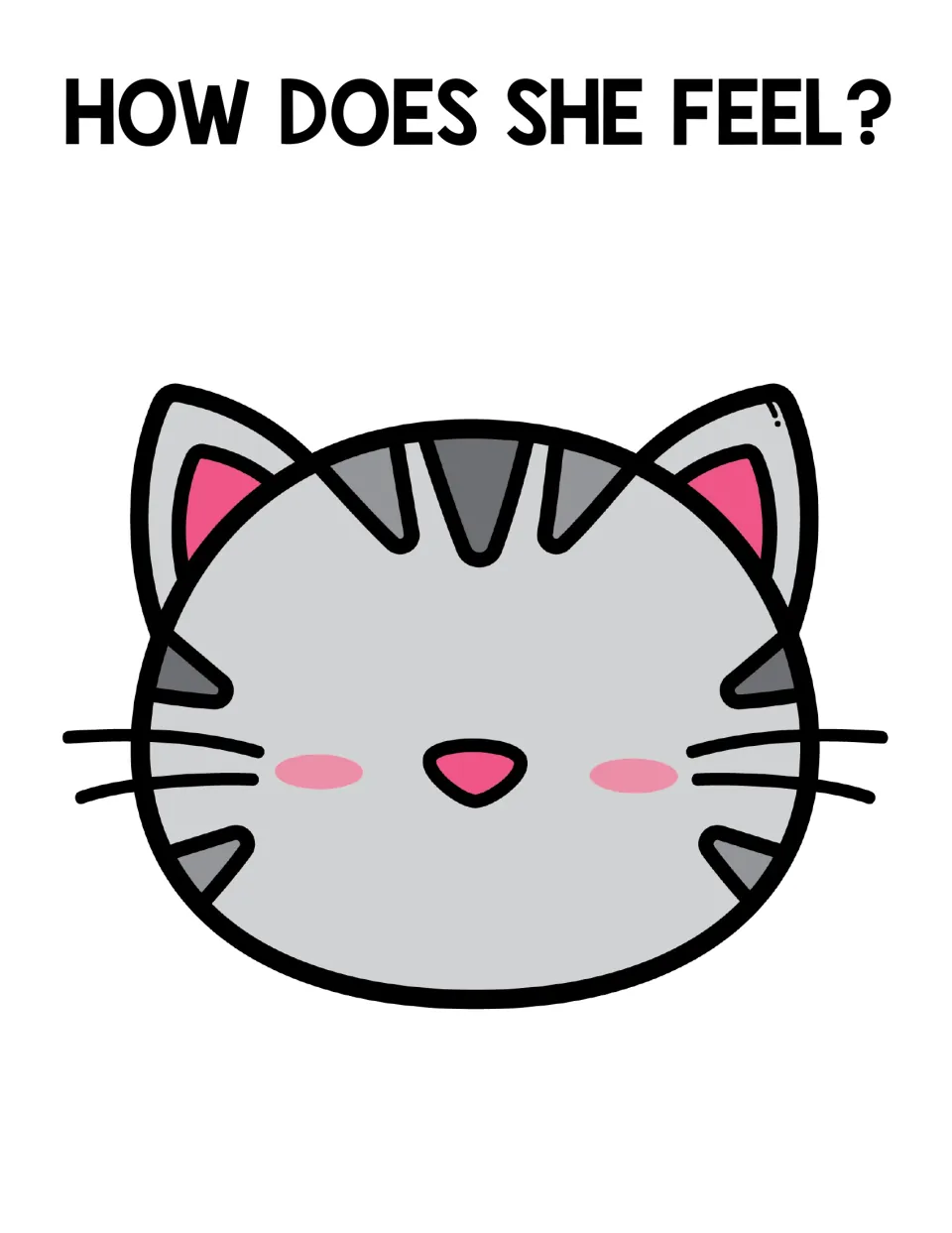 How does she feel? Tabby cat face missing its eyes and mouth so students can show a feeling on the cat