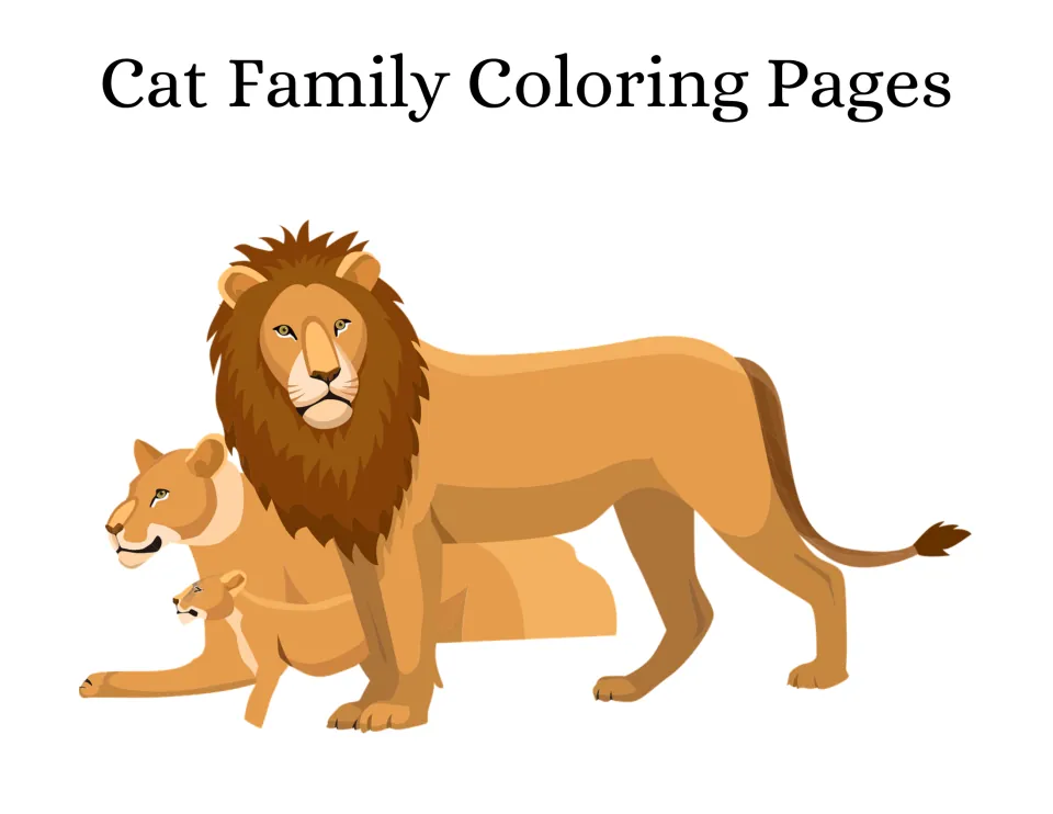 Cat Family Coloring Pages cover: a color illustration of a lion, lioness and cub standing together