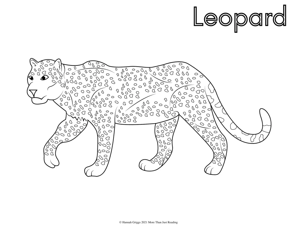 Leopard coloring page: students color a cartoon leopard covered in rosette spots, walking to the left