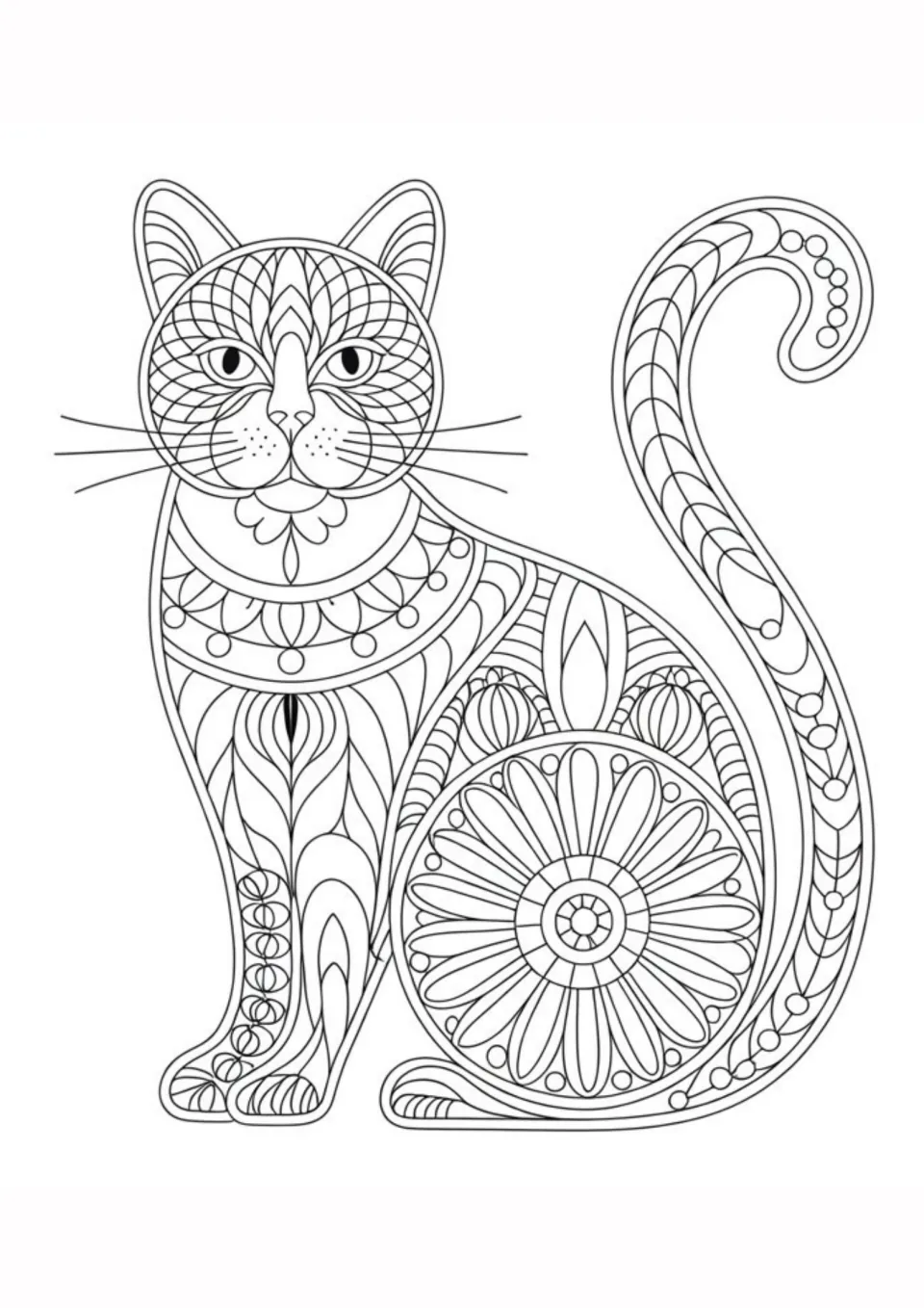 Cat mandala coloring activity featuring a seated cat with floral patterns and a long, curled patterned tail