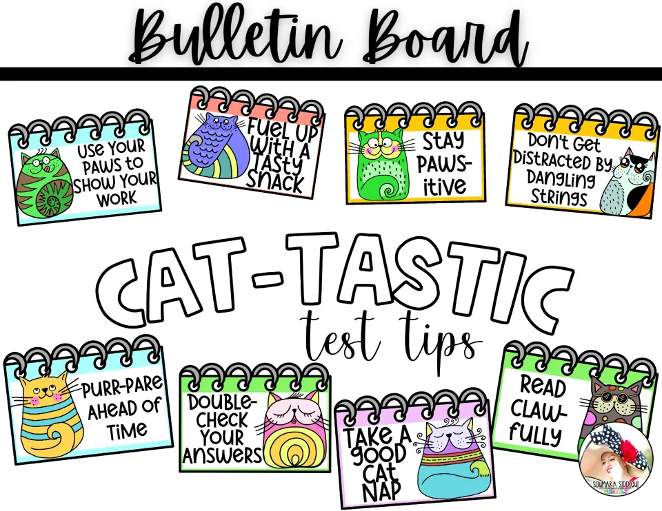 Cat-Tastic Testing Tips bulletin board set: title plus 8 cat test-tip cards like Read Claw-fully and Stay Paws-itive