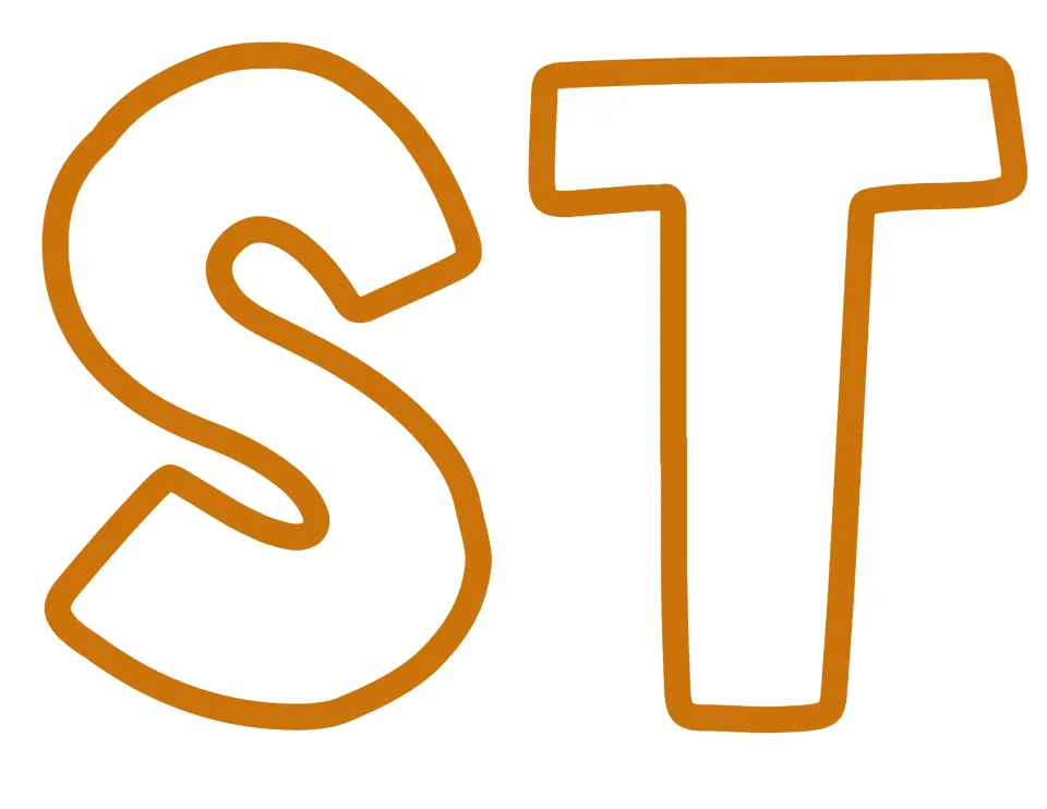 Headline letters S and T in large orange bubble print, the middle of TASTIC, ready to cut and staple up