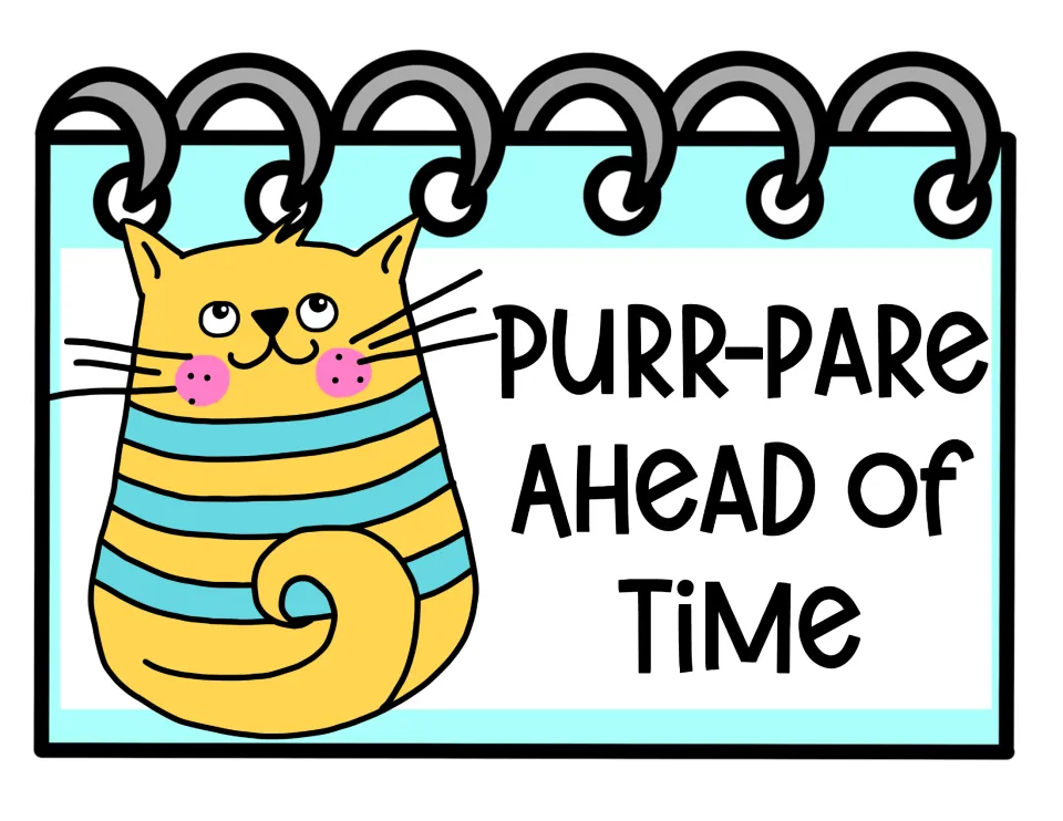 Test tip card Purr-pare Ahead of Time with a yellow and blue striped cat on a spiral notepad, a reminder to prepare early