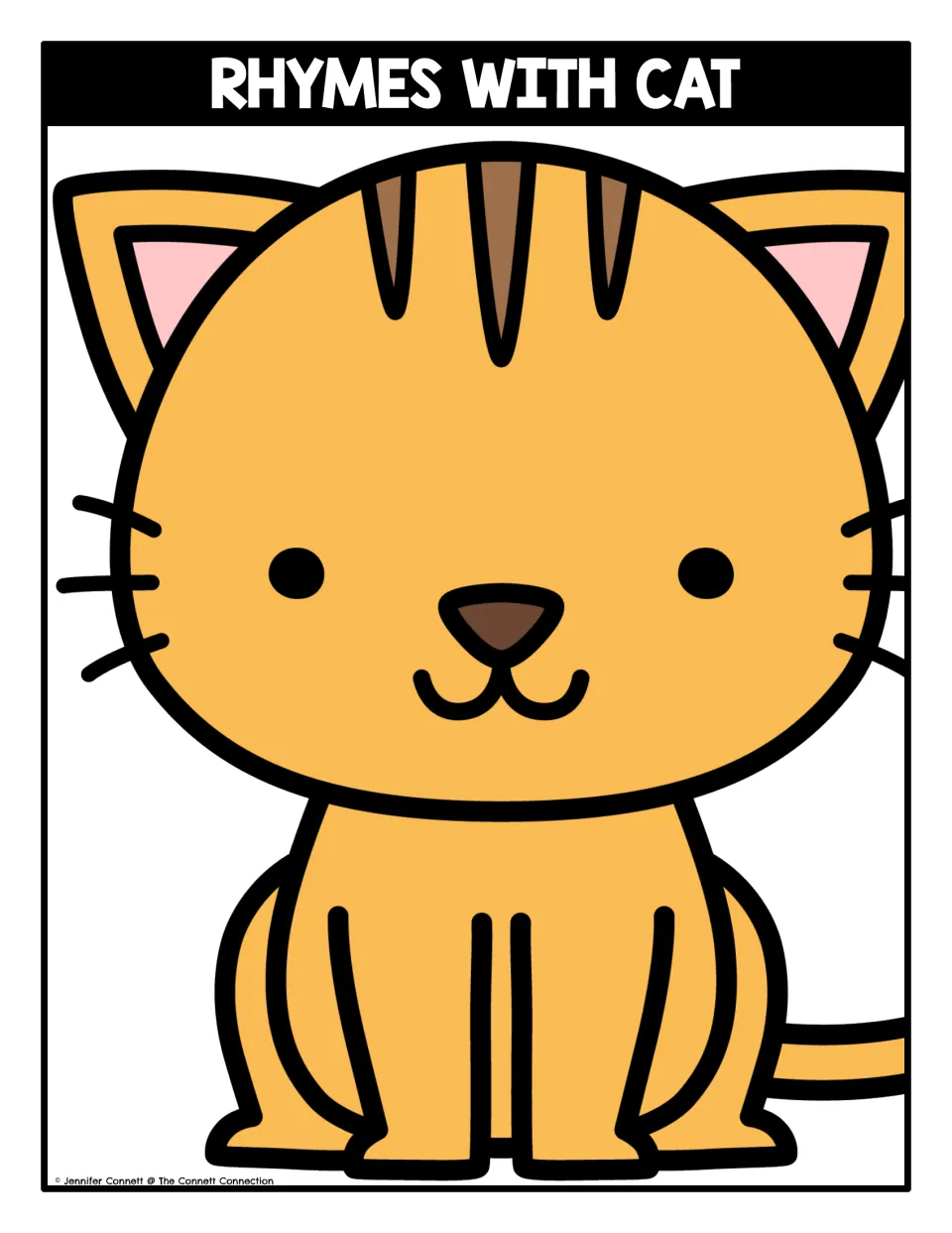 Rhymes With Cat sorting mat: a large orange cartoon cat where students place picture cards for words that rhyme with cat
