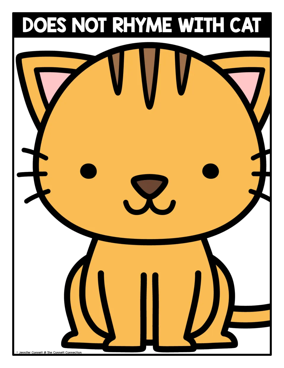 Does Not Rhyme With Cat sorting mat: the same orange cat where students place picture cards for words that do not rhyme