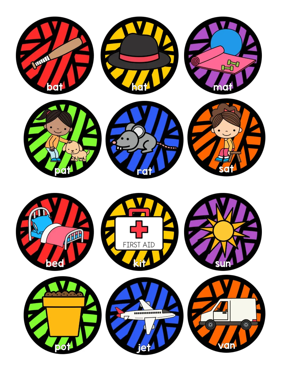 Rhyming picture cards to cut and sort: bat, hat, mat, pat, rat, sat rhyme with cat; bed, kit, sun, pot, jet, van do not