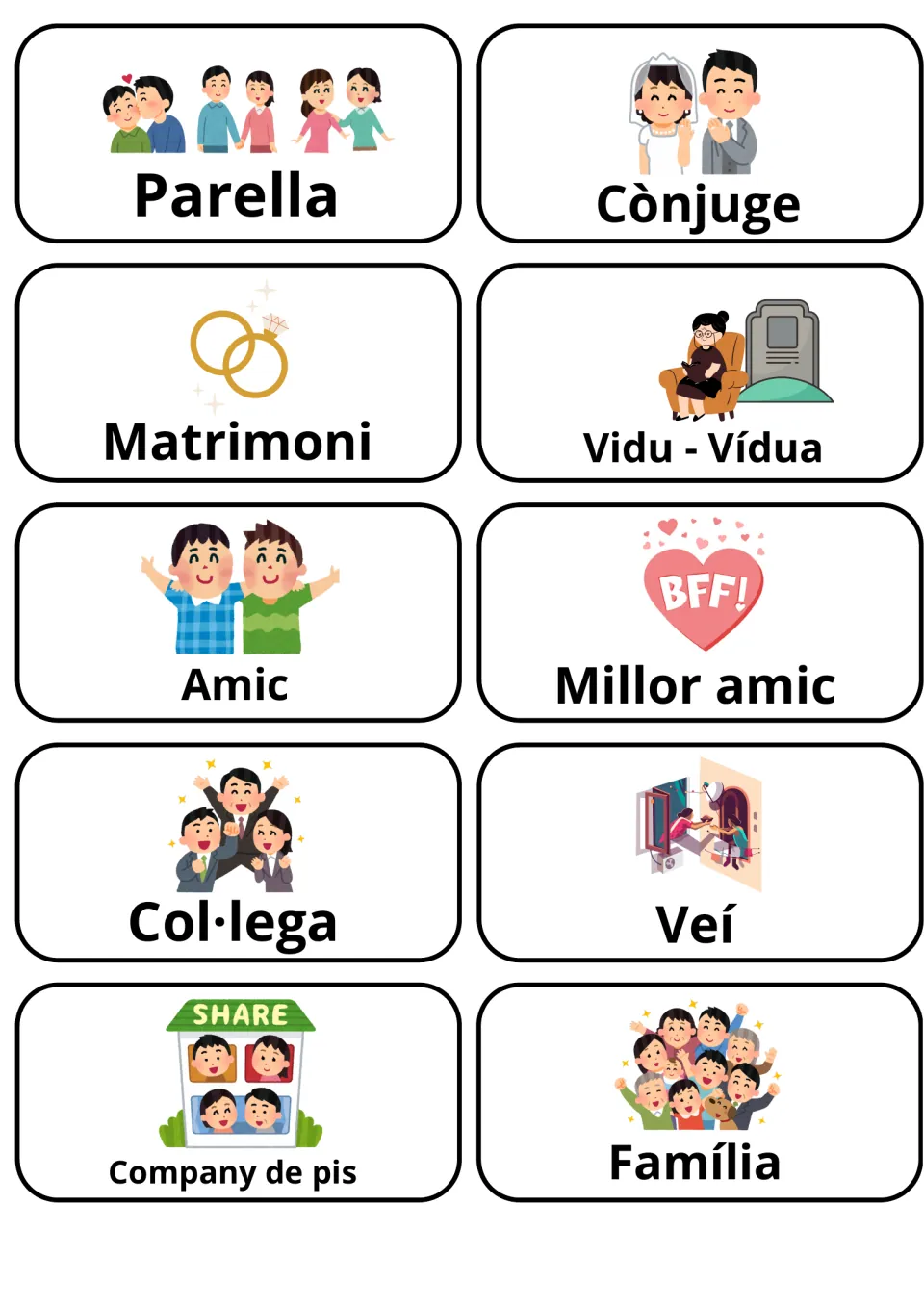 Catalan words for partners, friends and neighbors: flashcards for Parella, Cònjuge, Amic, Millor amic, Col·lega and Veí