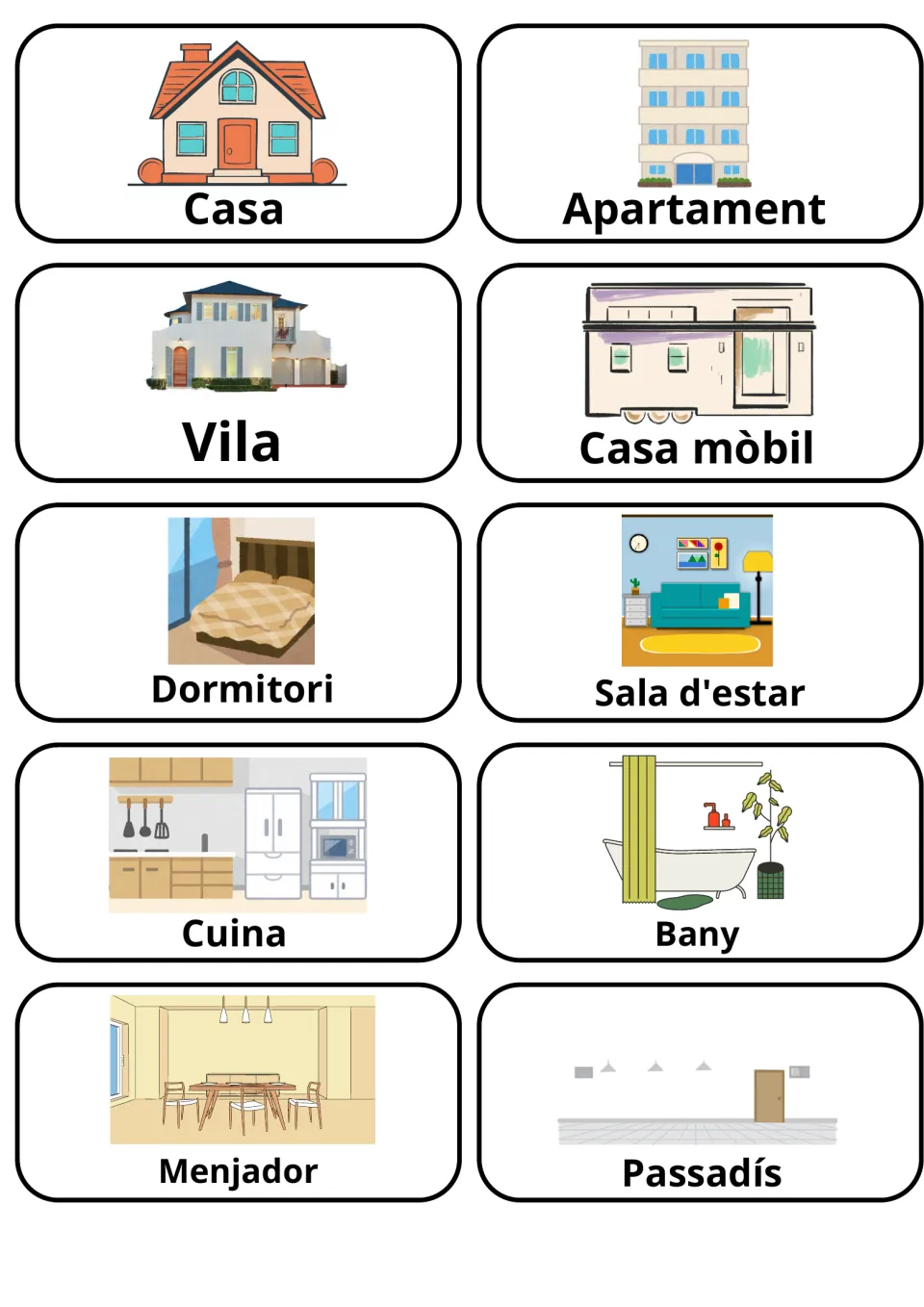 Catalan flashcards 1–10: casa (house), apartament (apartment), dormitori (bedroom) and seven more.