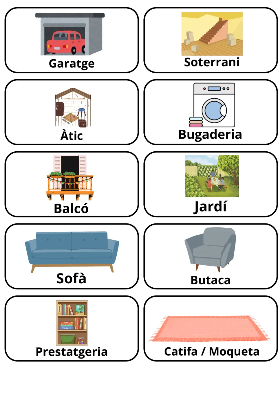 Catalan flashcards 11–20: garatge (garage), soterrani (basement), jardí (garden) and seven more.