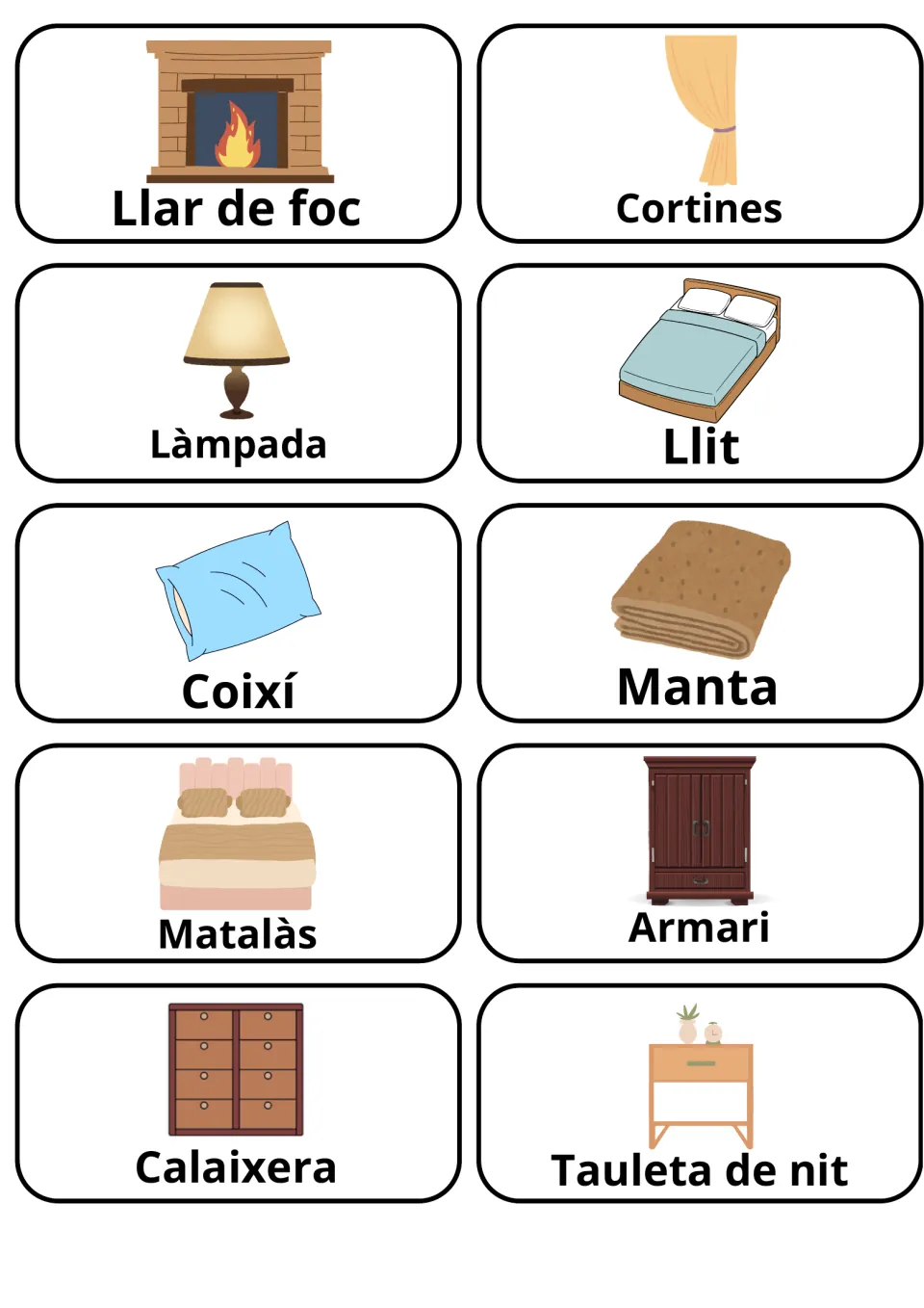 Catalan flashcards 21–30: llar de foc (fireplace), cortines (curtains), llit (bed) and seven more.