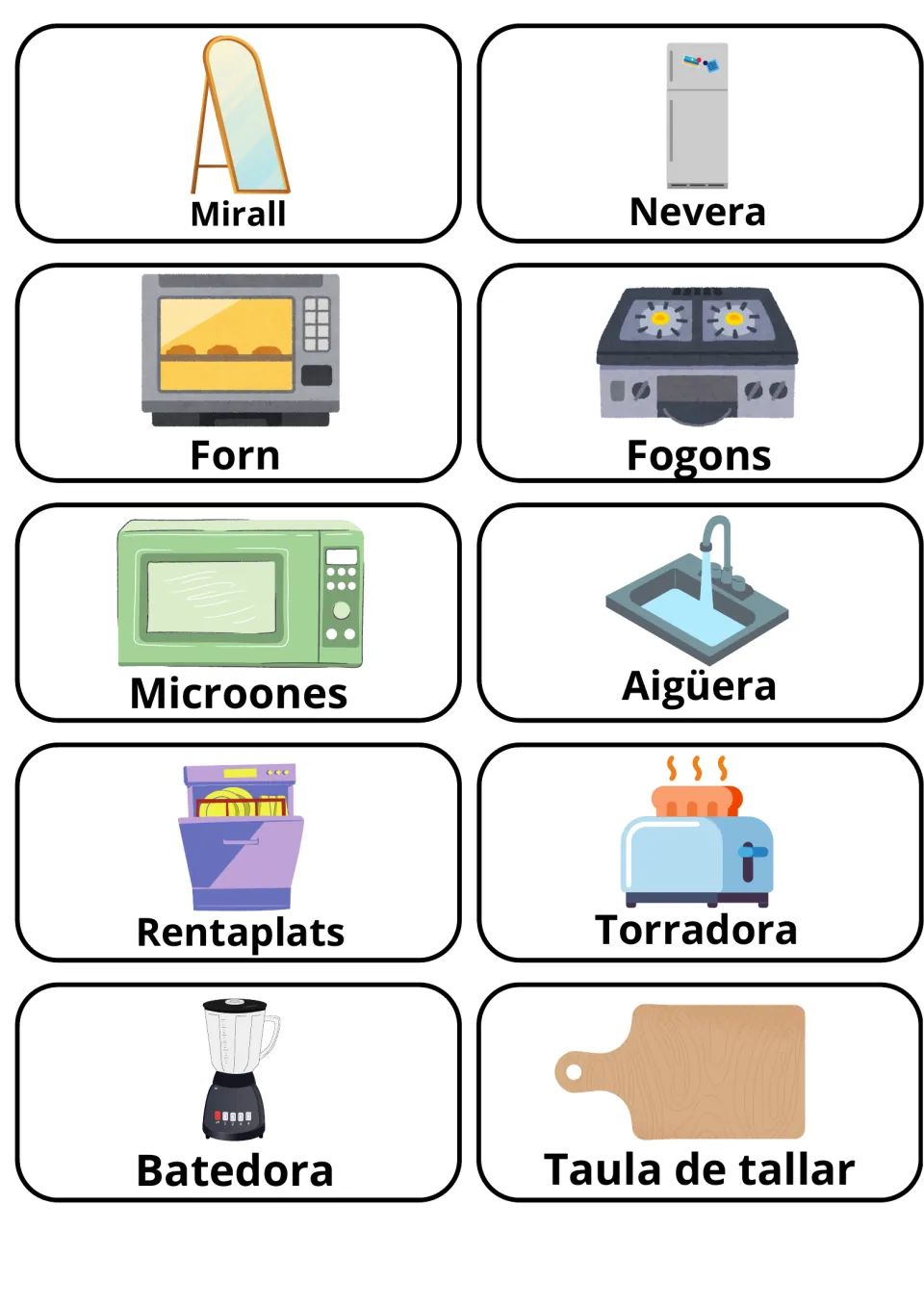 Catalan flashcards 31–40: mirall (mirror), nevera (refrigerator), forn (oven) and seven more.