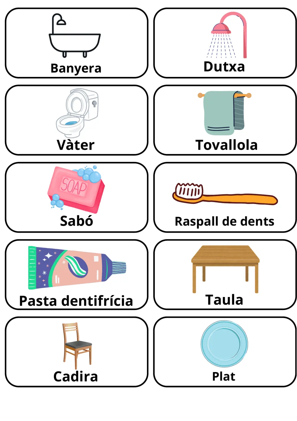 Catalan flashcards 41–50: banyera (bathtub), dutxa (shower), tovallola (towel) and seven more.