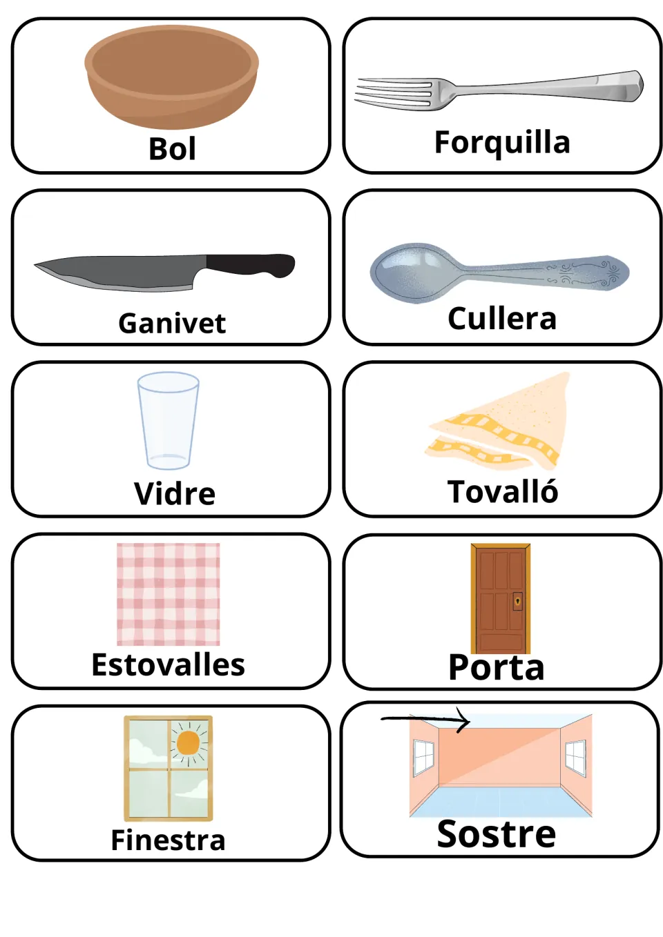 Catalan flashcards 51–60: bol (bowl), forquilla (fork), ganivet (knife), cullera (spoon) and six more.