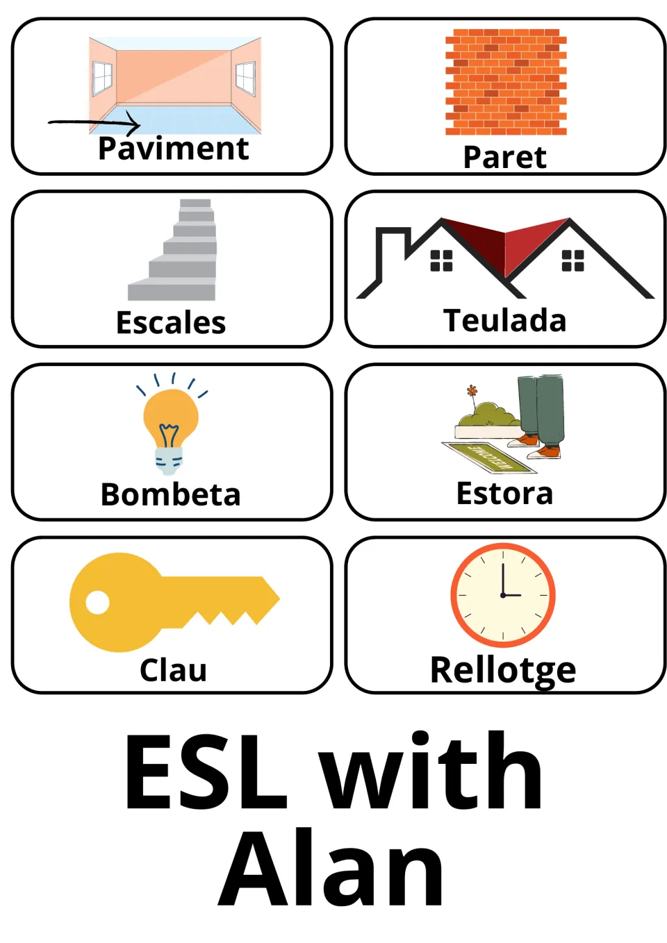 Catalan flashcards 61–68: paviment (flooring), paret (wall), escales (stairs), teulada (roof) and four more.