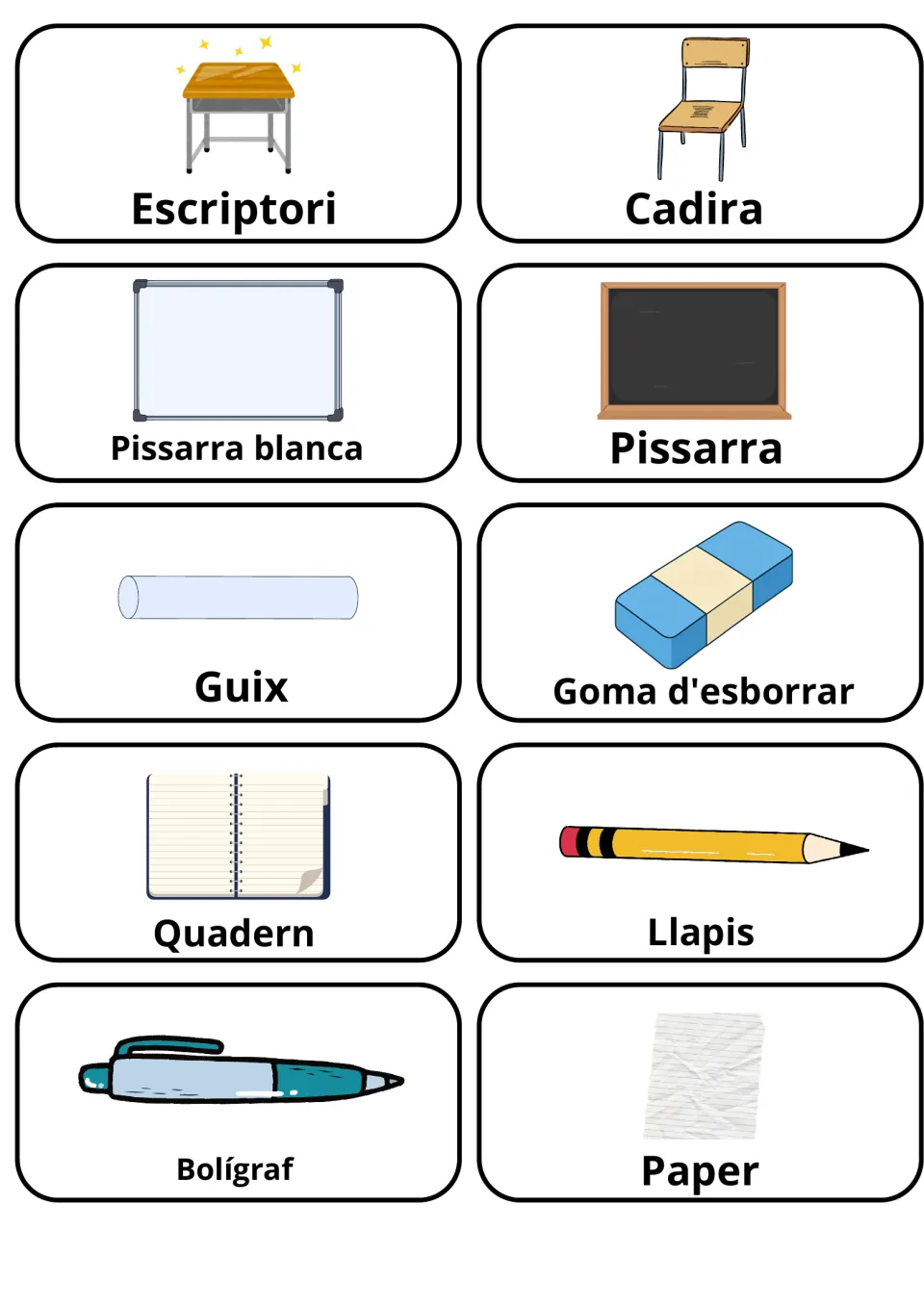 Catalan classroom objects: 10 picture cards pair images with words like Escriptori, Cadira, Pissarra, Guix and Llapis