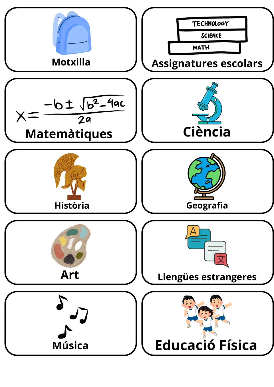 Catalan school subjects: picture cards for Motxilla, Matemàtiques, Ciència, Història, Geografia, Art, Música and more