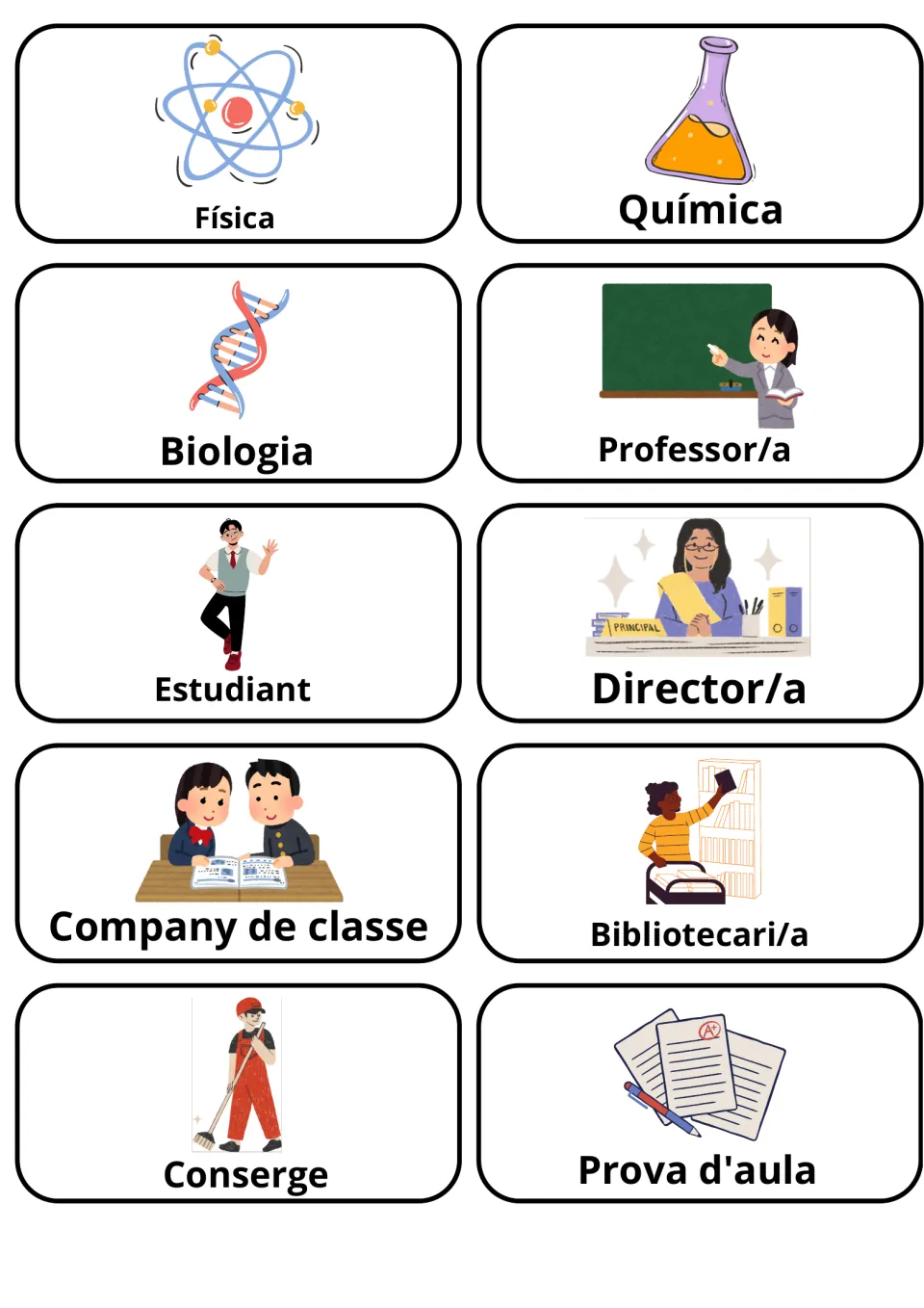 Catalan sciences and school people: cards for Física, Química, Biologia, Professor/a, Estudiant, Director/a and Conserge
