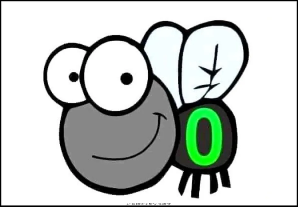 Number 0 fly card for the printable number-catching game, showing a gray cartoon fly with a green zero