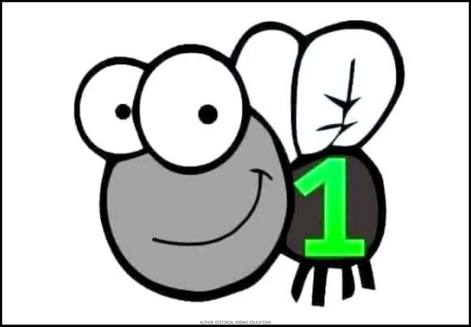 Number 1 fly card for the printable number-catching game, showing a gray cartoon fly with a green numeral 1