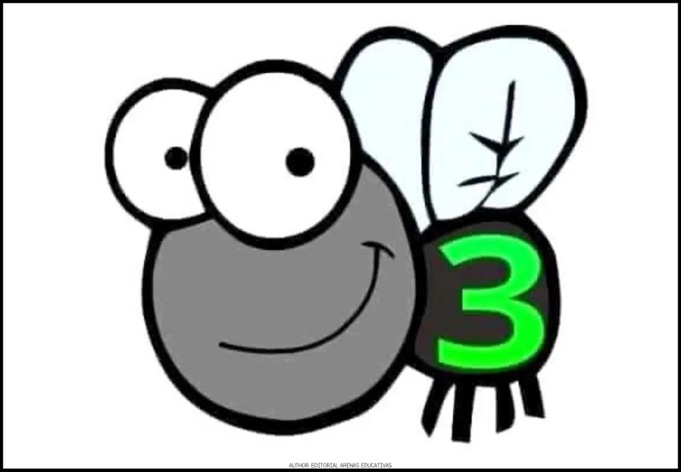 Number 3 fly card for the printable number-catching game, showing a gray cartoon fly with a green numeral 3