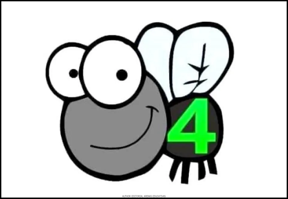 Number 4 fly card for the printable number-catching game, showing a gray cartoon fly with a green numeral 4