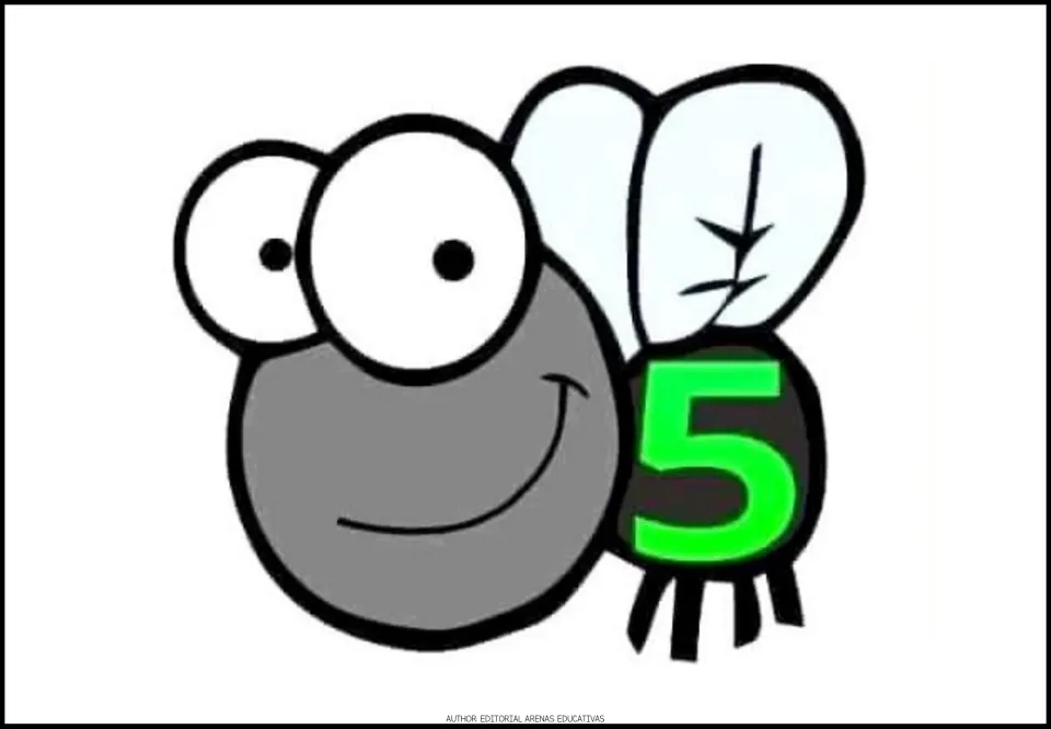Number 5 fly card for the printable number-catching game, showing a gray cartoon fly with a green numeral 5