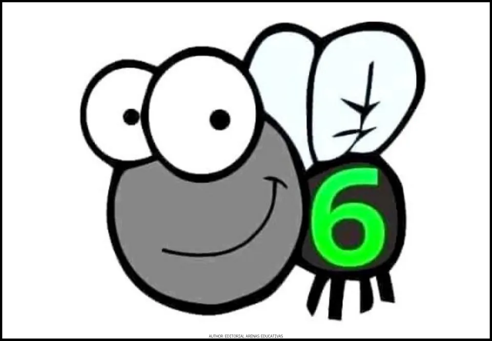 Number 6 fly card for the printable number-catching game, showing a gray cartoon fly with a green numeral 6