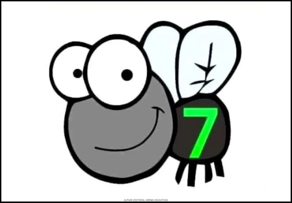 Number 7 fly card for the printable number-catching game, showing a gray cartoon fly with a green numeral 7