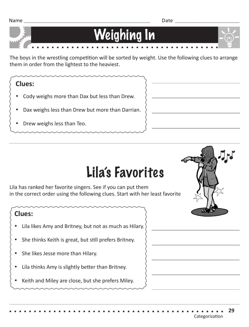 Logic ordering puzzles: students use clues to rank wrestlers from lightest to heaviest and Lila's favorite singers