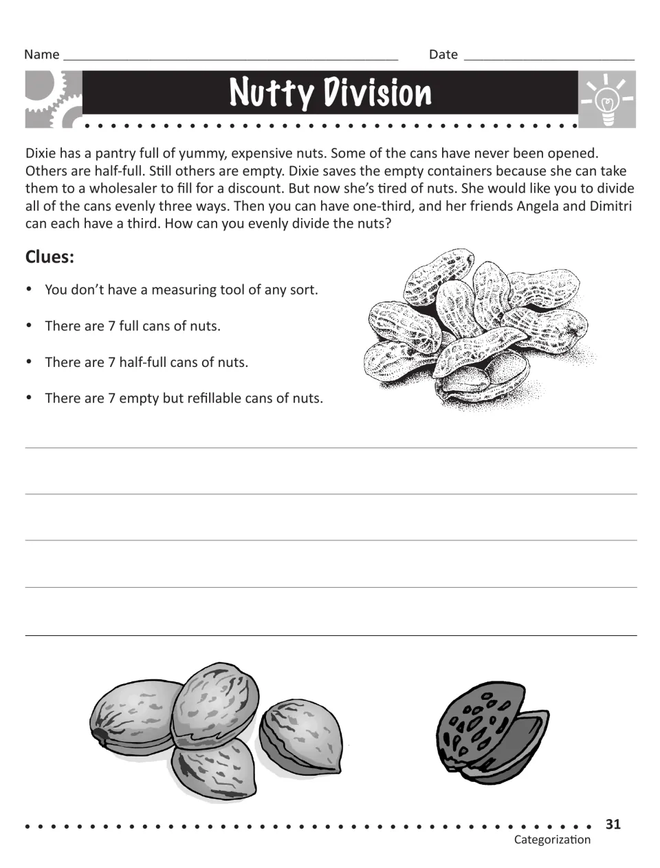 Nutty Division reasoning problem: students split 7 full, 7 half-full and 7 empty cans of nuts evenly among three people