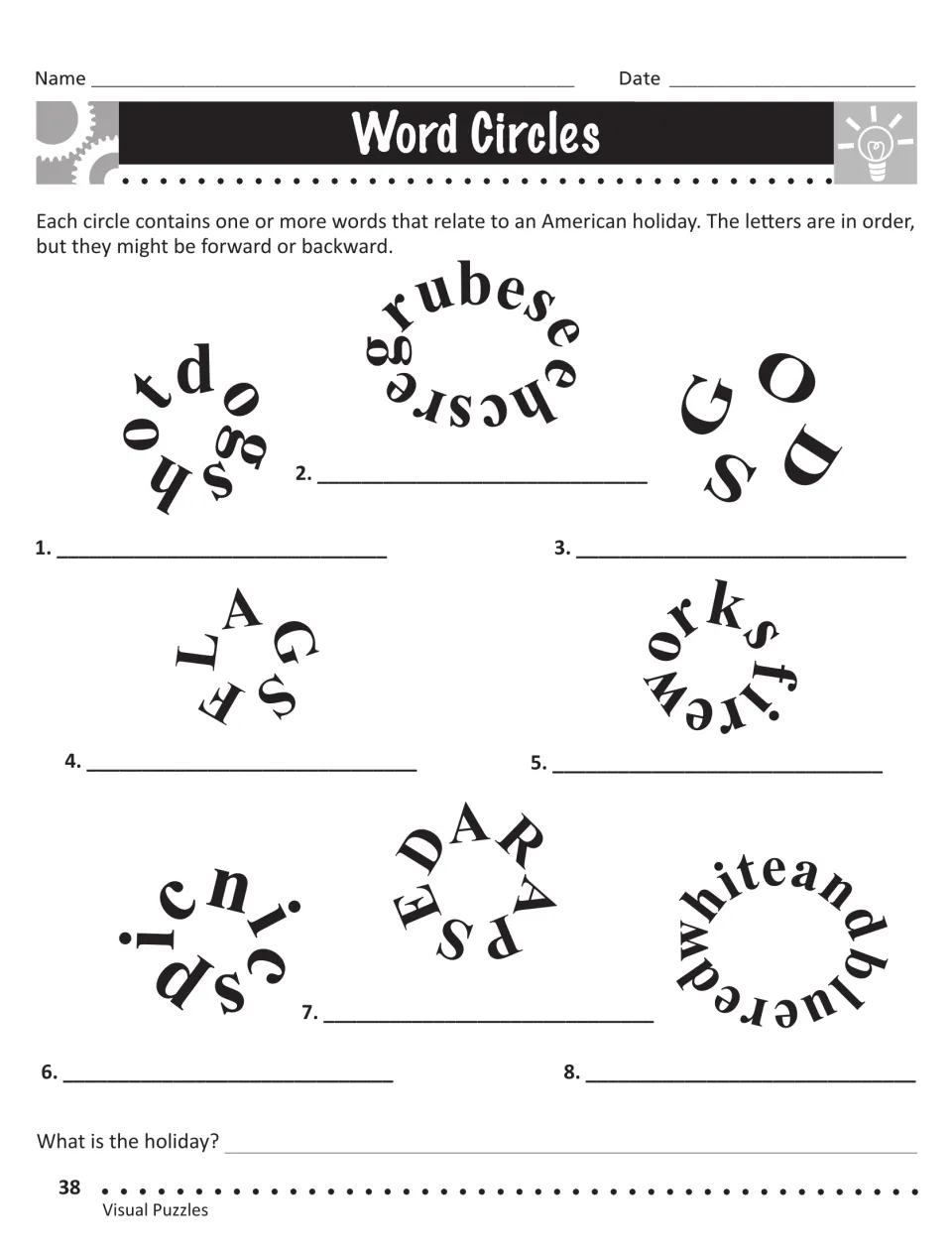 Word Circles: students read curved letters forward or backward to find 8 words about an American holiday, then name it