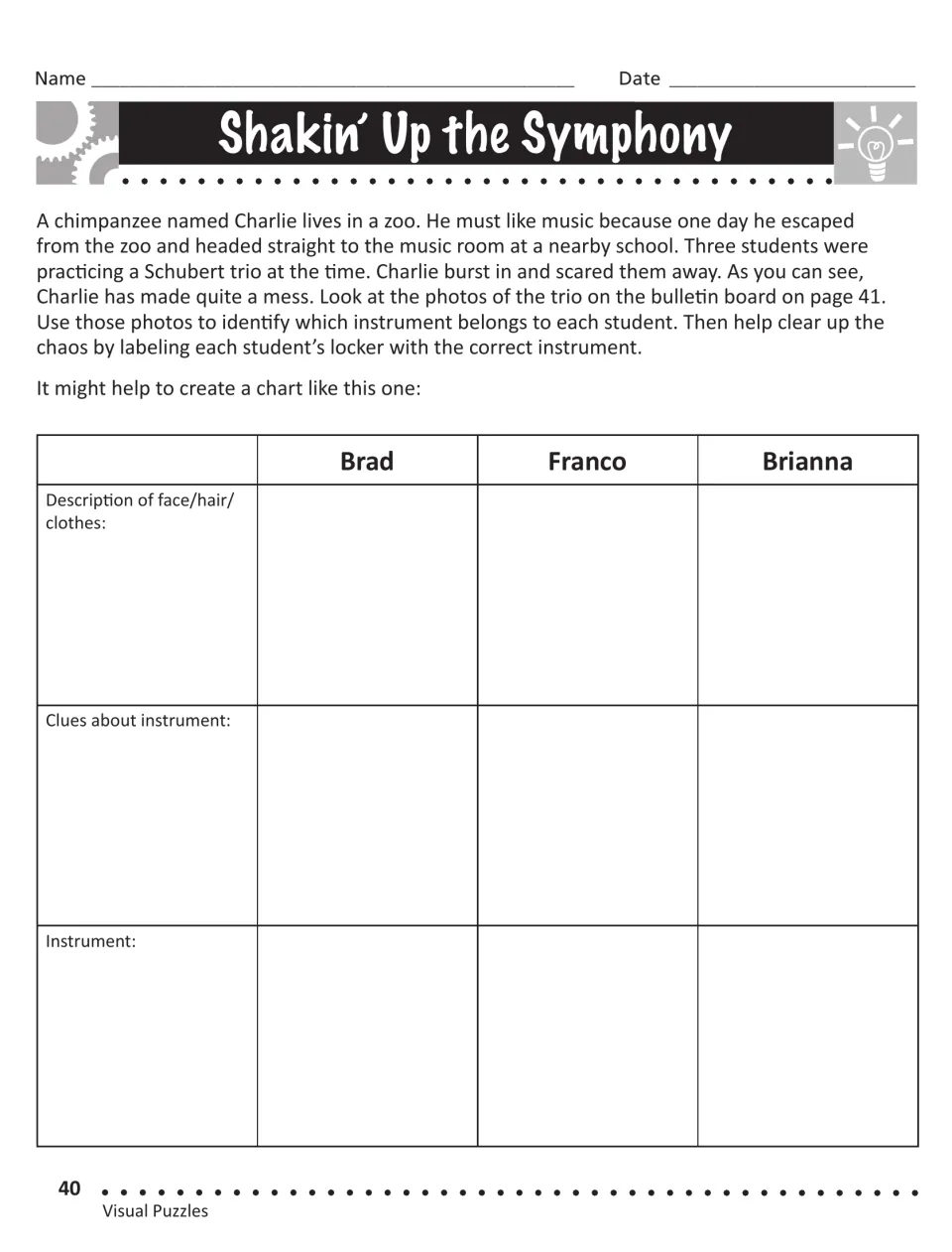 Shakin' Up the Symphony: students chart face, hair and clothing clues to match Brad, Franco and Brianna to instruments