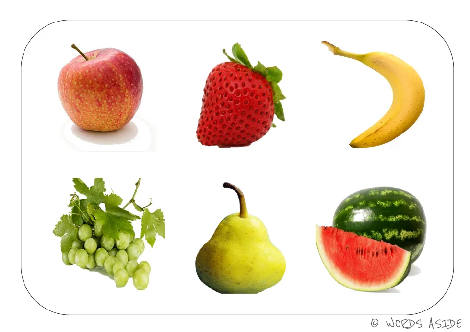 Fruit vocabulary board featuring photos of an apple, strawberry, banana, grapes, pear, and watermelon