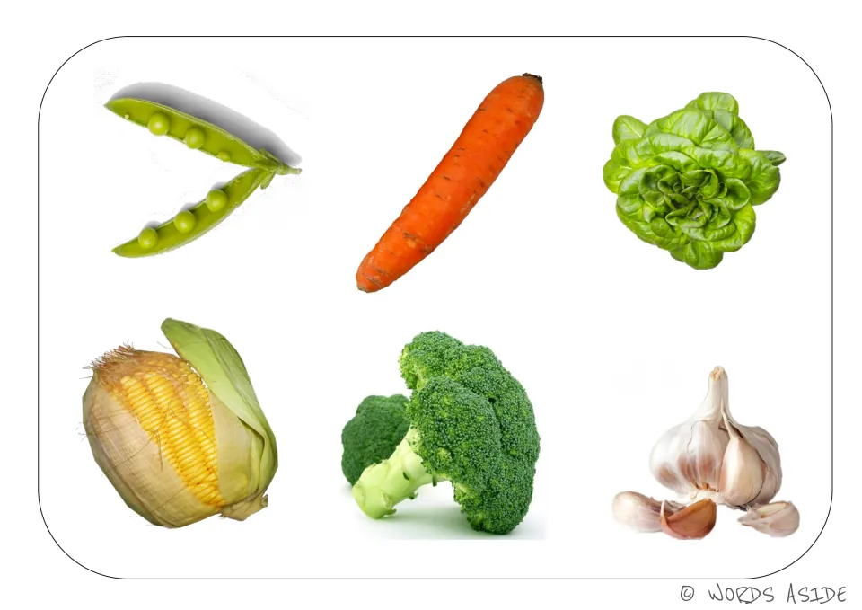 Vegetable vocabulary board featuring photos of peas, a carrot, lettuce, corn, broccoli, and garlic