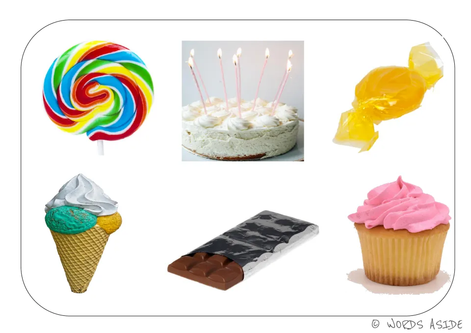 Sweets vocabulary board featuring a lollipop, birthday cake, wrapped candy, ice cream, chocolate, and cupcake