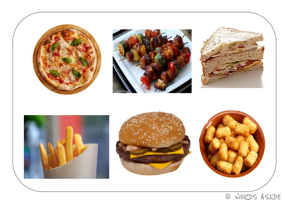 Savory food vocabulary board featuring pizza, kebabs, a sandwich, French fries, a cheeseburger, and tater tots