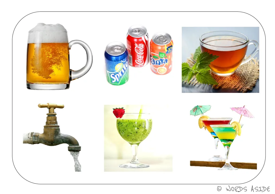 Drinks vocabulary board featuring photos of beer, soda, tea, running tap water, a smoothie, and cocktails