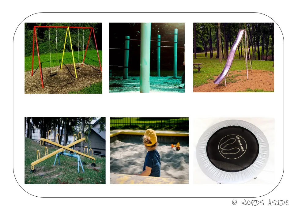 Playground vocabulary board featuring swings, climbing bars, a slide, seesaws, a sandbox, and a trampoline