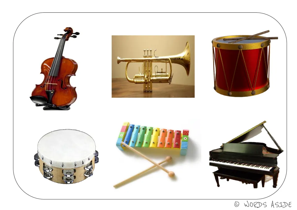 Musical instruments vocabulary board featuring a violin, trumpet, drum, tambourine, xylophone, and piano