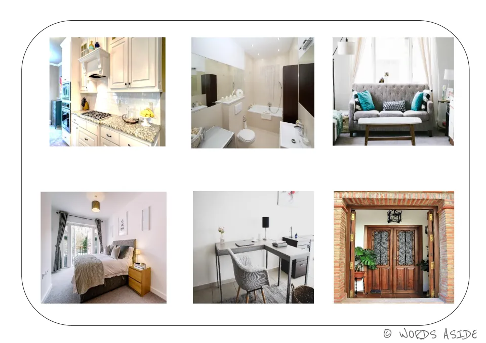Home spaces vocabulary board featuring a kitchen, bathroom, living room, bedroom, home office, and entryway