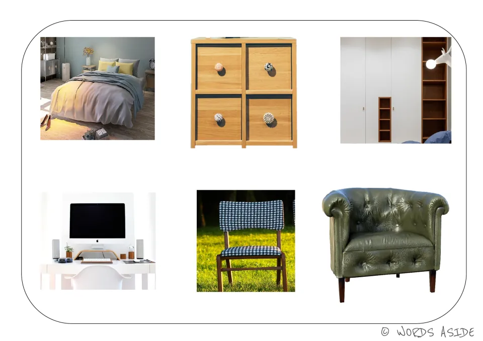 Furniture vocabulary board featuring photos of a bed, drawer unit, wardrobe, desk, chair, and armchair