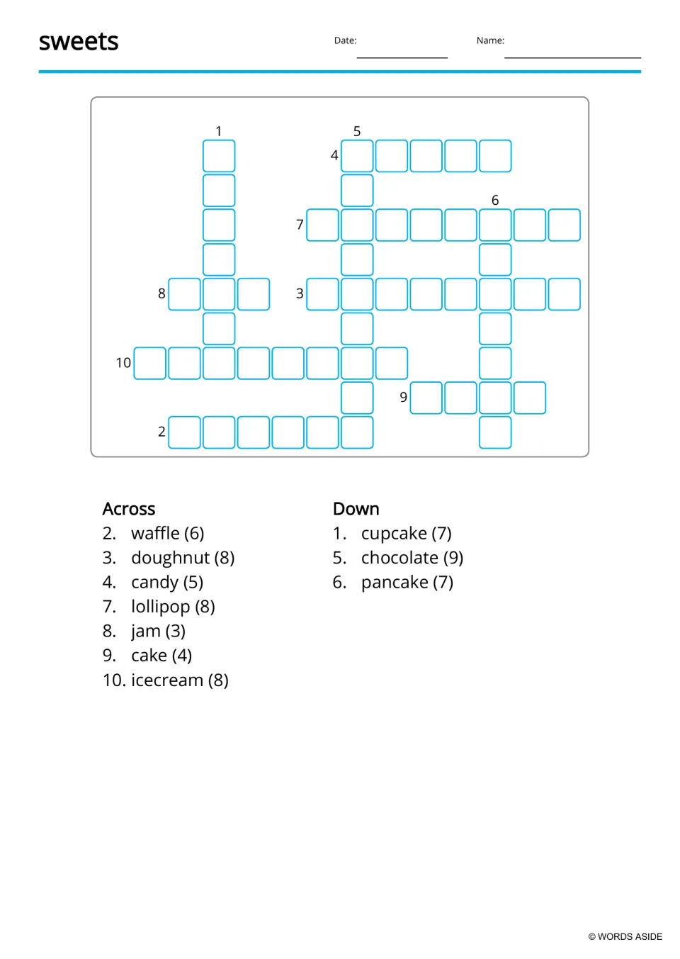 Sweets crossword: students fill in treat words such as waffle, cupcake and chocolate from Across and Down letter counts