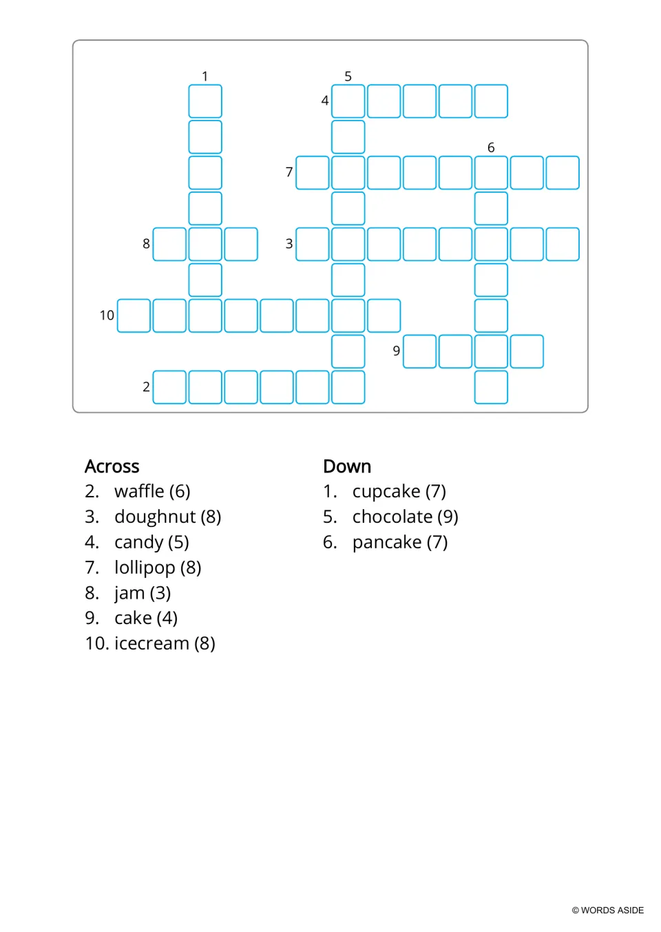 Sweets crossword without a name header: students place doughnut, candy, lollipop, jam and more by Across and Down counts