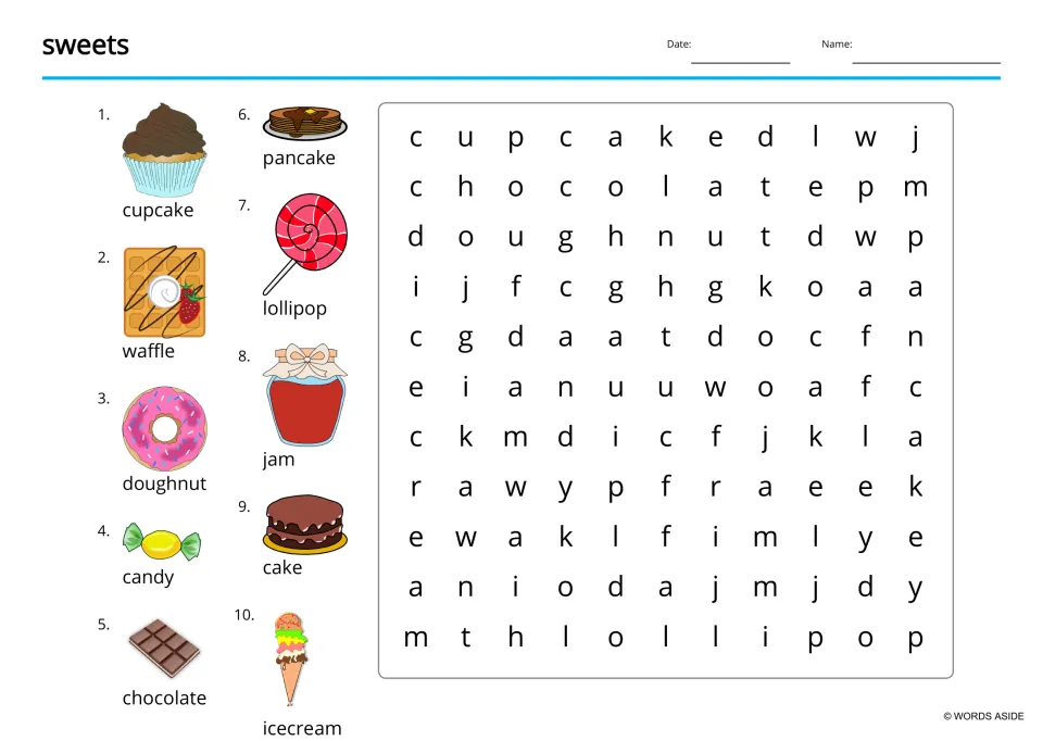 Sweets word search: students find 10 treat words hidden in lowercase letters, each word shown with a labeled picture