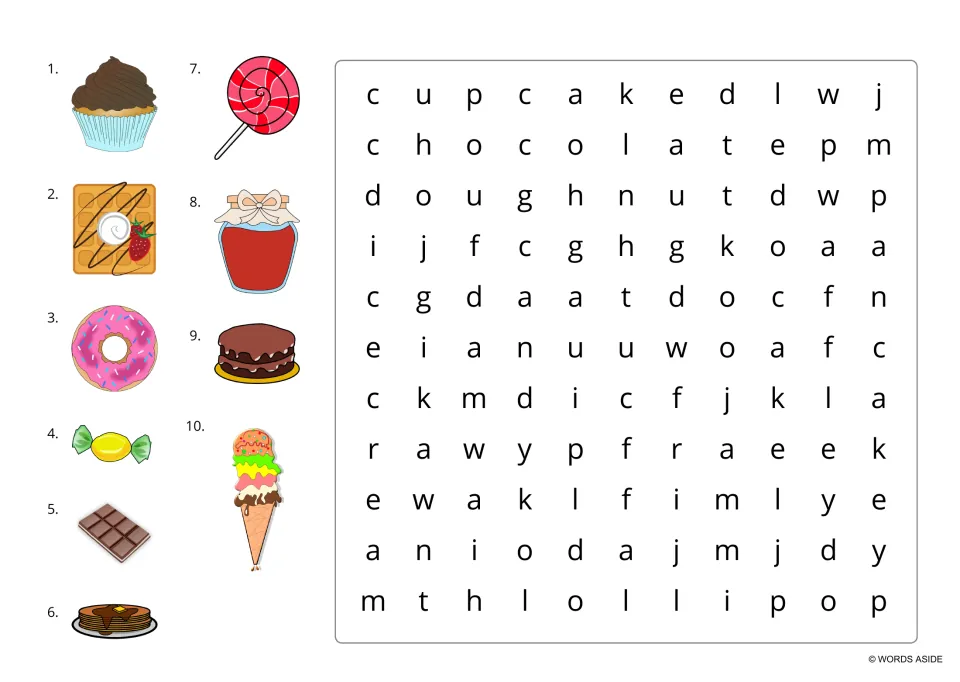 Picture-clue word search: students name 10 pictured treats like a cupcake, jam jar and ice cream cone, then find them