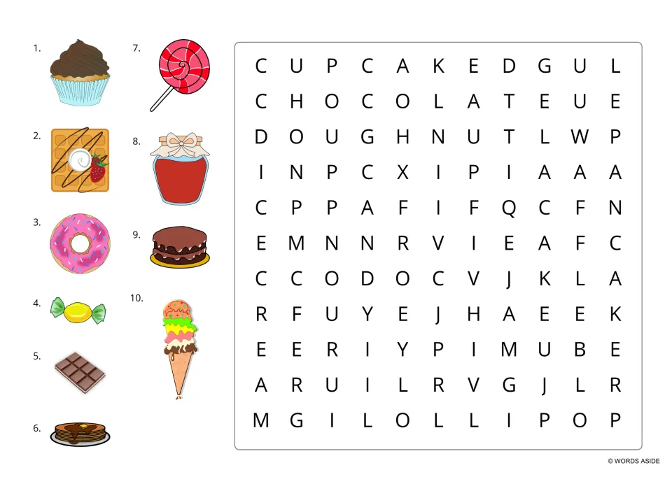 Uppercase sweets word search with picture clues: students identify each treat, then find its name in capital letters