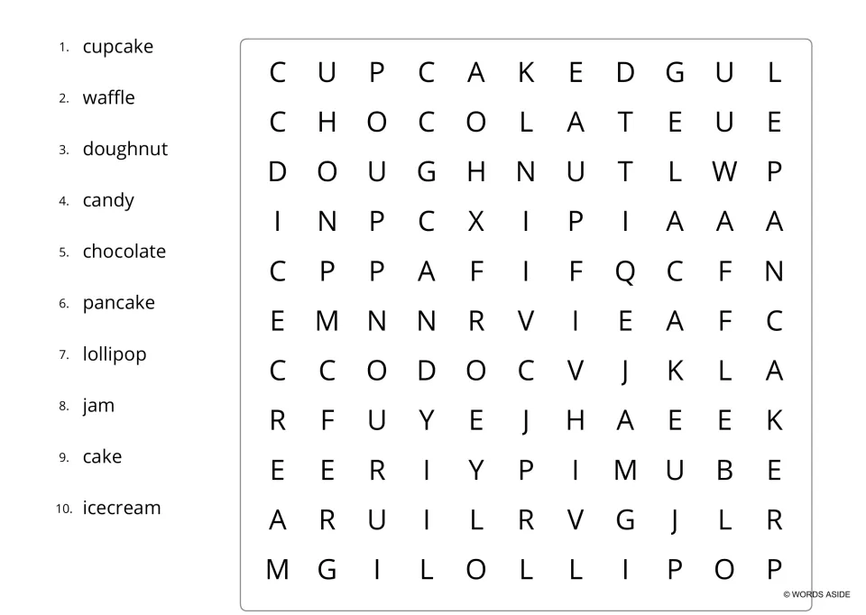 Uppercase sweets word search with a word list: students find cupcake, waffle, jam and 7 more words in capital letters